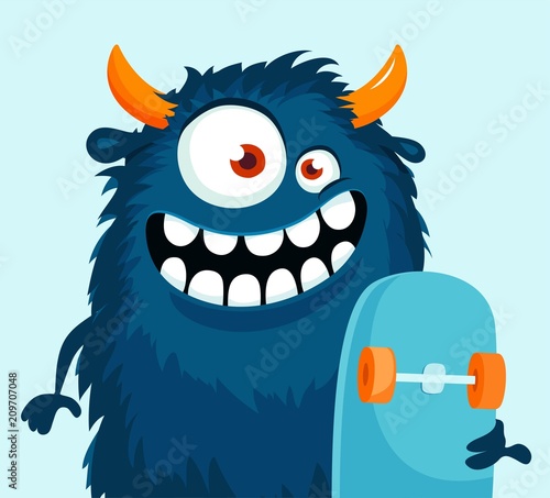 Funny cartoon monster with skateboard. Vector illustration