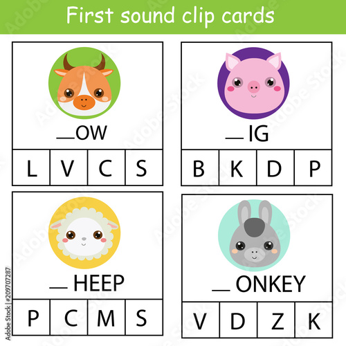 Beginning sound clip cards for kids. Find First sound for farm animals. Educational activity for children and toddlers
