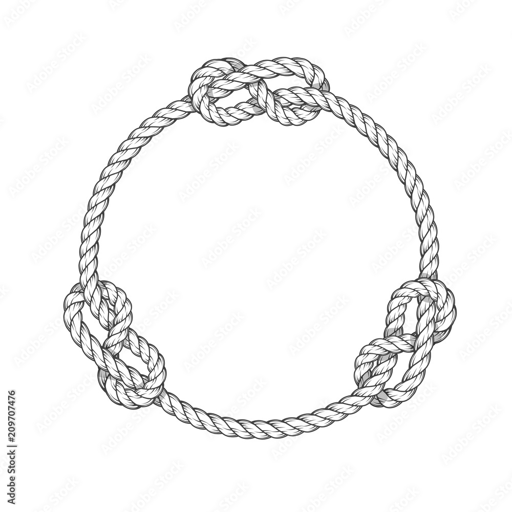 Rope circle - round rope frame with knots, vintage style - obrazy, fototapety, plakaty 