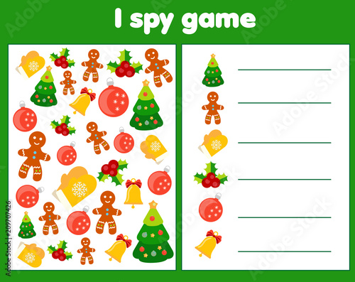 I spy game for toddlers. Find and count objects. Counting educational activity for children and kids. Christmas and new year holidays theme.