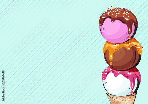 Ice cream scoops cartoon background. Vector illustration