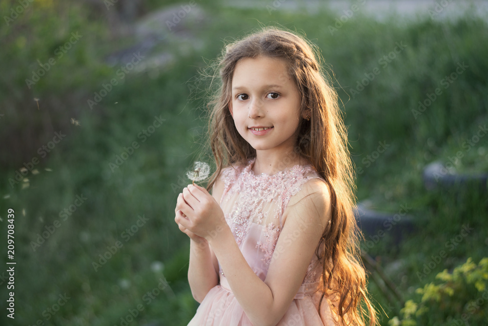 The girl is holding a dandelion in her hands and blowing at him. A child in a park in nature in a pink dress with a dandelion The girl is holding a dandelion in her hands and blowing at him. A child in a park in nature in a pink dress with a dandelion