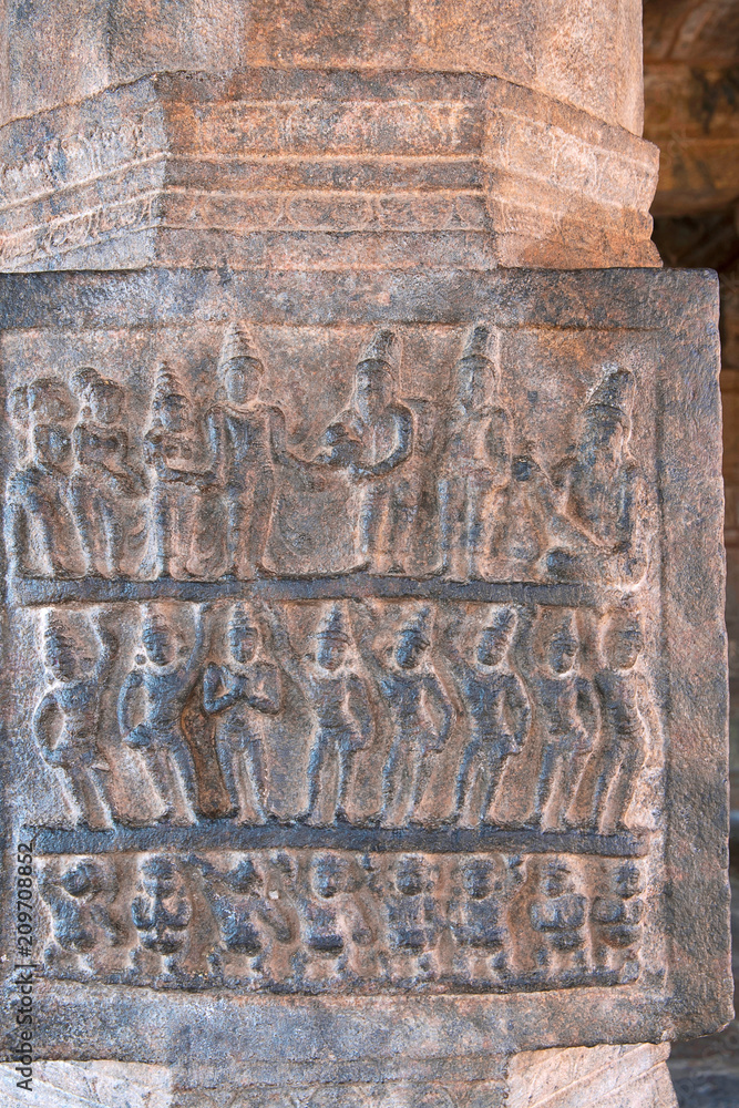 Carving depicting marriage of Kartikeya with Pongi or Valli, Inner pillars, agra-mandapa, Airavatesvara Temple, Darasuram, Tamil Nadu