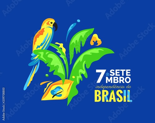 7 September. Brazil Independence Day greeting card. Colorful banner with parrot and palm leaves. Bright brazilian national colors. Vector illustration