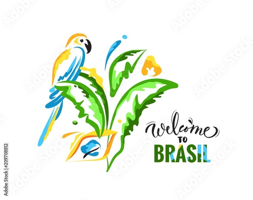 Welcome to Brazil colorful banner with parrot and palm leaves. Bright brazilian national colors. Travel concept. Vector illustration