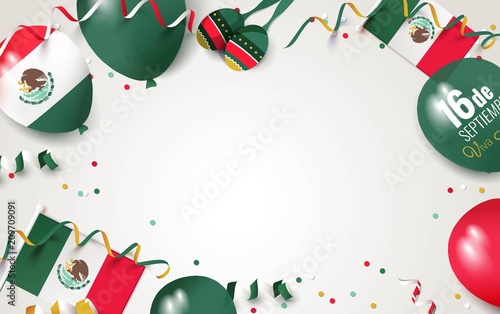 16 September Mexico Happy Independence Day greeting card.  Festive frame flat lay.  Vector illustration