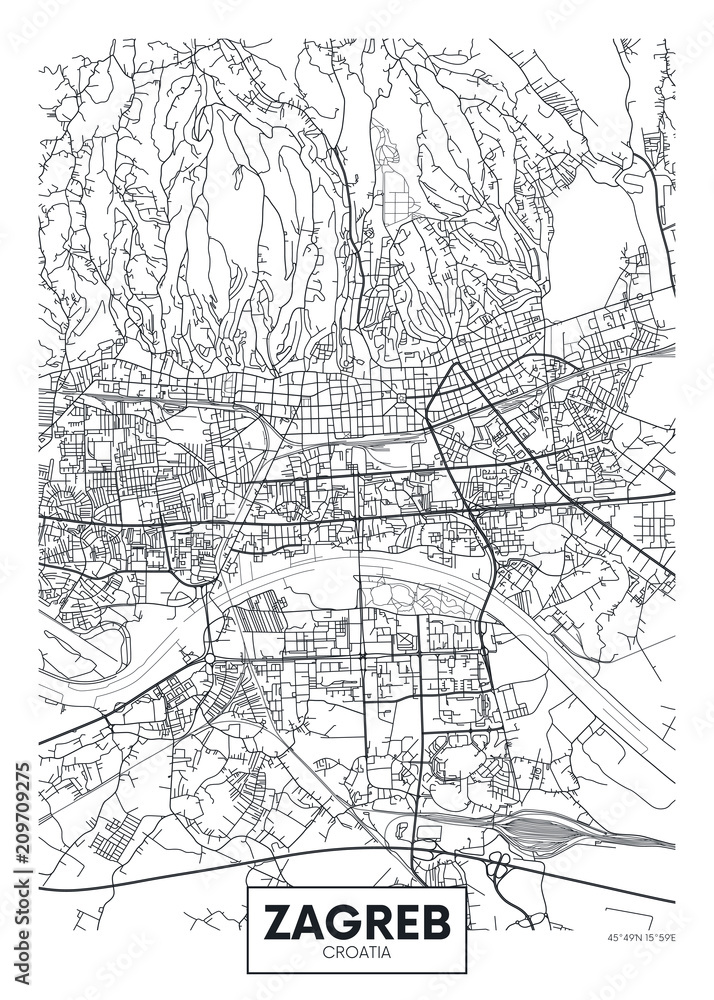 Detailed vector poster city map Zagreb