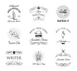 Writer design elements. Vintage pen. ink, books, typewriter, theater masks, paperweight. Writing set. Design elements collection. Vector.