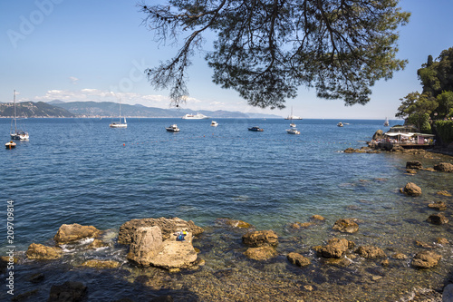 landscapes on the sea along the coast of Portofino in Genoa in Italy photo