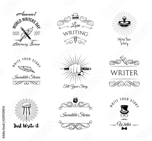 Writers labels set. World Writer Day logos. Paperweight, feather, elegant pen, writer, literary. Swirls, ornamental filigree frame, decorative design elements. Vector.