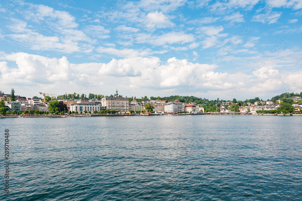 city of gmundenskyline seen from the water traunsee