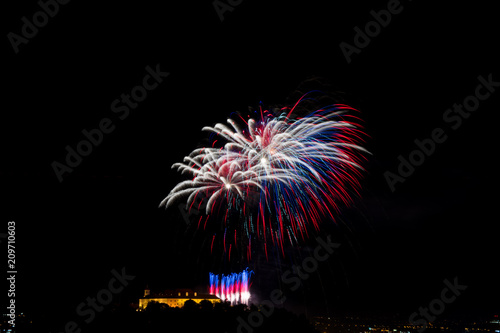 Beautiful colorful firework in city Brno on Spilberk