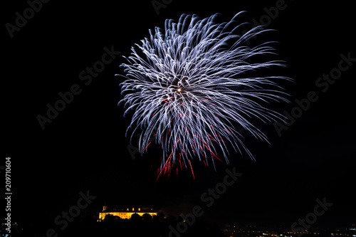 Beautiful colorful firework in city Brno on Spilberk
