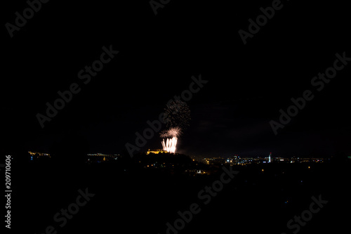 Beautiful colorful firework in city Brno on Spilberk