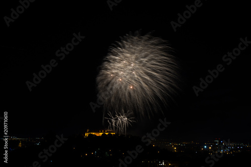 Beautiful colorful firework in city Brno on Spilberk