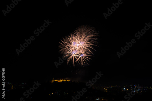 Beautiful colorful firework in city Brno on Spilberk