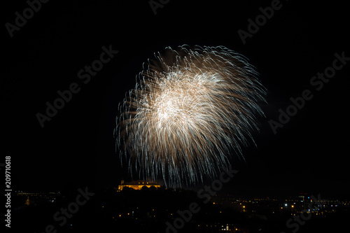 Beautiful colorful firework in city Brno on Spilberk