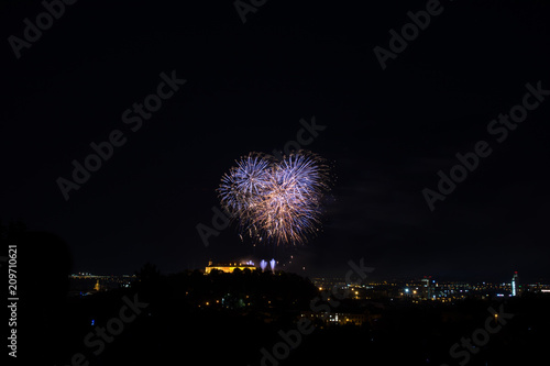 Beautiful colorful firework in city Brno on Spilberk