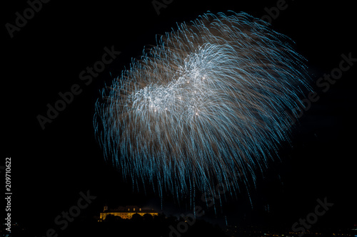 Beautiful colorful firework in city Brno on Spilberk