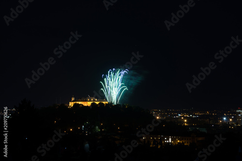 Beautiful colorful firework in city Brno on Spilberk