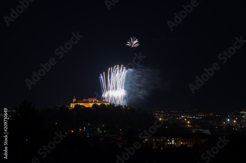 Beautiful colorful firework in city Brno on Spilberk