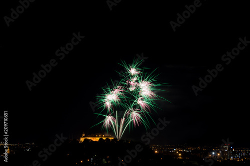 Beautiful colorful firework in city Brno on Spilberk