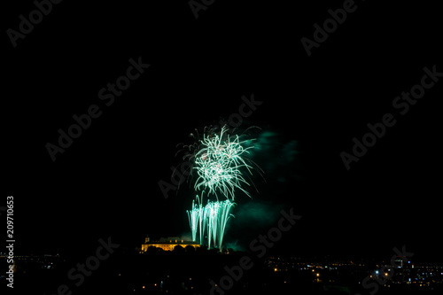 Beautiful colorful firework in city Brno on Spilberk