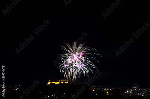 Beautiful colorful firework in city Brno on Spilberk