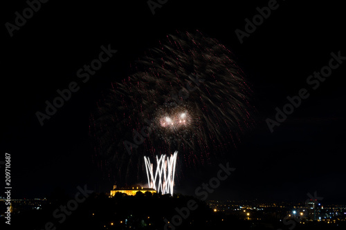 Beautiful colorful firework in city Brno on Spilberk
