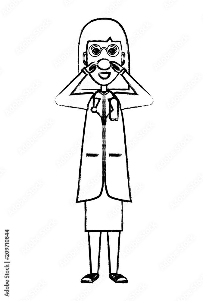 woman doctor standing and touching her red nose icon over white background, vector illustration woman doctor standing and touching her red nose icon over white background, vector illustration