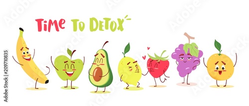 Cute cartoon fruits with happy emotions. Time to detox concept. Vector illustration