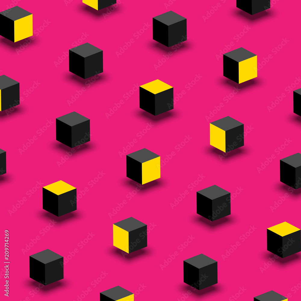 Obraz premium Pink background with black and yellow 3d cubes pattern.