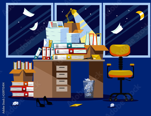 Nitht Period of accountants and financier reports submission. Pile of paper documents and file folders in cardboard boxes on office table. Flat vector illustration windows, chair and waste-basket