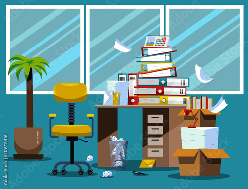 Period of accountants and financier reports submission. Pile of paper documents and file folders in cardboard boxes on office table. Flat vector illustration windows, chair and waste-basket