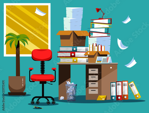 Period of accountants and financier reports submission. Pile of paper documents and file folders in cardboard boxes on office table. Flat vector illustration windows, chair and waste-basket