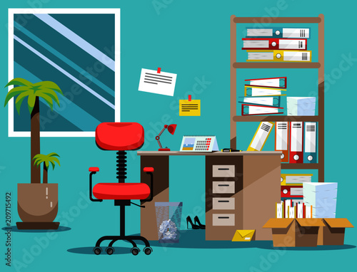 Order on the desktop. Pile of paper documents and file folders in cardboard boxes on the shelves. Flat vector illustration windows, chair and waste-basket