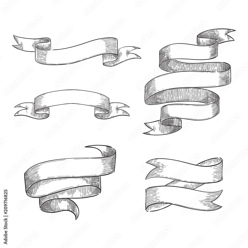 Ribbon banners sketch vector illustration. Hand drawn isolated holiday