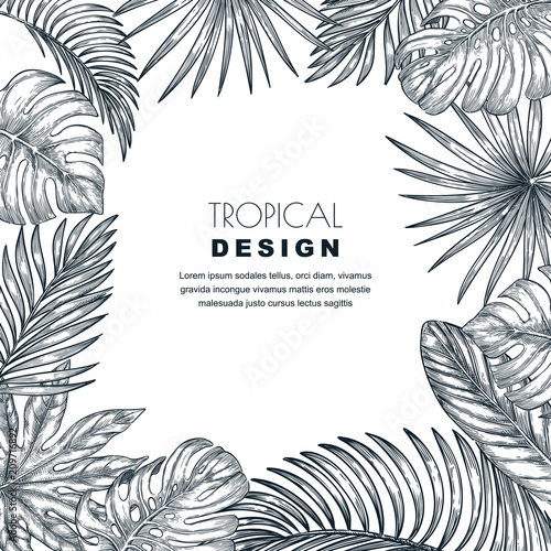 Tropical palm leaves vector square frame. Sketch hand drawn illustration of jungle exotic plants