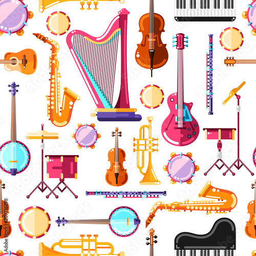 Musical instruments vector seamless pattern. Colorful background design for textile print