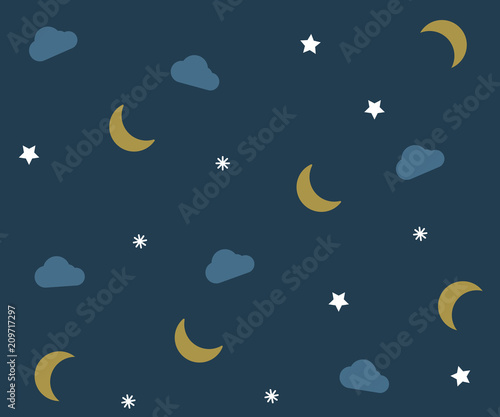 Night pattern with clouds, moons and stars. Vector background wallpaper with bedtime elements