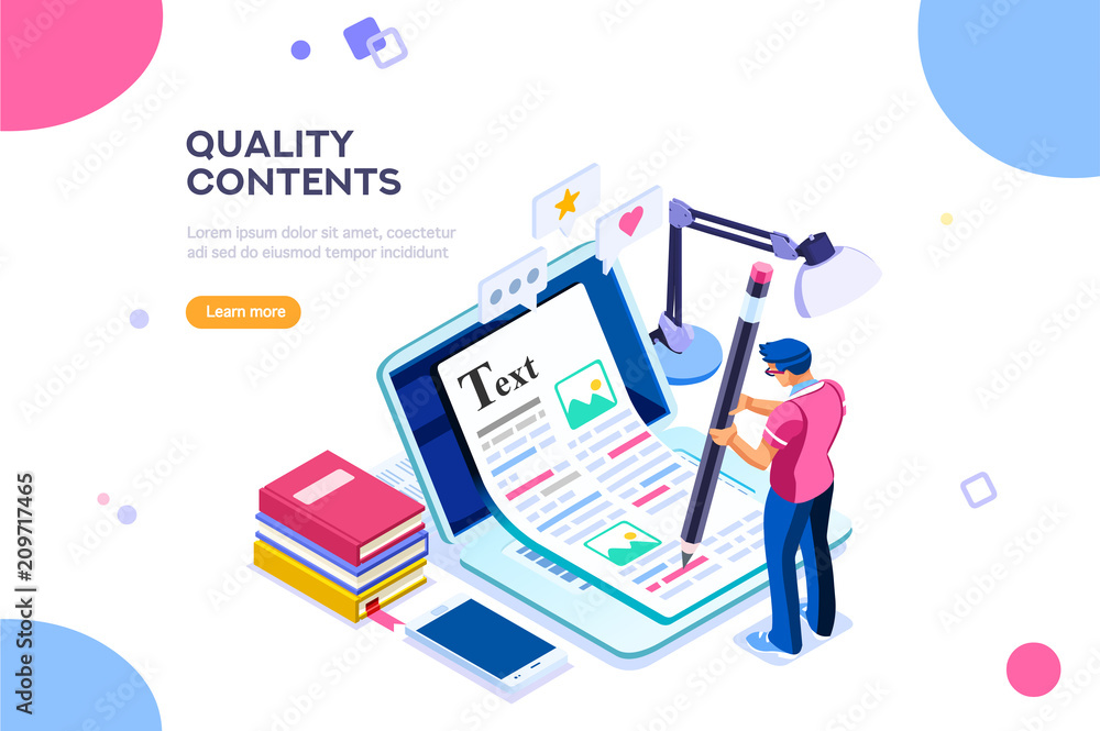 Seo infographic, content for creative blog post. Blogger character. Can use for web banner, infographics, hero images. Flat isometric character, vector illustration isolated on white background.
  - obrazy, fototapety, plakaty 