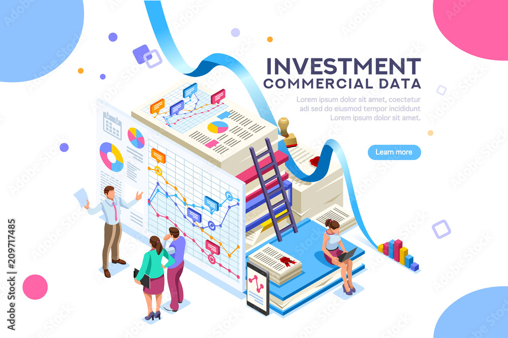 Finance and commercial investment analysis work. Seal concept on official documents clipart. Infographics for web banner or hero images. Flat isolated isometric people vector illustration.