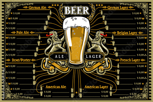 Beer menu or pub placemat for stube. German ale, stout, lager, porter. Food illustration for food truck hipster layout. Flat vector design.