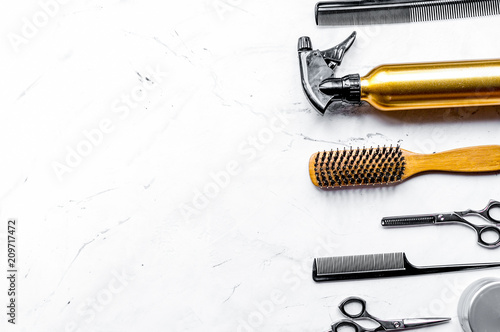 hairdressing concept with barber tools on white background top v