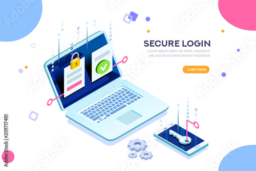 Smartphone safe certificate, two identity authentication concept. Verify permission request. Used for web banner or infographic images. Flat isometric vector illustration isolated on white background.