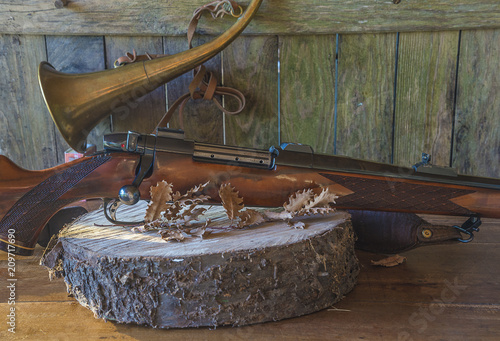 Hunting equipment: rifle,horn, bullets on old tree stump photo