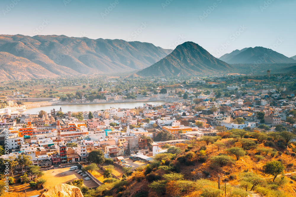 Pushkar town panorama view from Papmochani Mata Hindu Temple in Pushkar, India