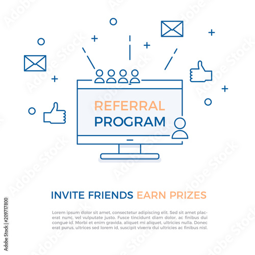 Referral program, affiliate marketing, online business concept. Invite friends, earn prizes. Vector illustration with computer screen, portraits, thumbs up and geometric shapes.