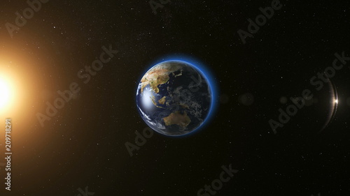 Space view on Planet Earth and Sun Star rotating on its axis in black Universe. Seamless loop with day and night city lights change. Astronomy and science concept. Elements of image furnished by NASA