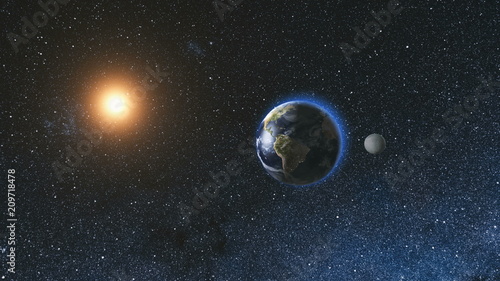 Sunrise view from space on Planet Earth and Moon rotating in space against the background of the star sky and the Sun. Seamless loop. Astronomy and science concept. Elements of image furnished by NASA © Goinyk